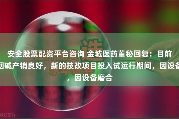 安全股票配资平台咨询 金城医药董秘回复：目前公司烟碱产销良好，新的技改项目投入试运行期间，因设备磨合